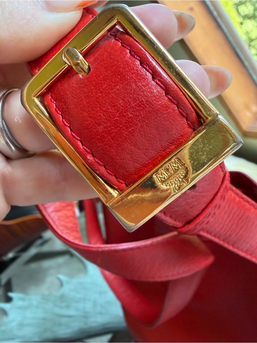 MCM Red Leather Drawstring Bucket Crossbody Bag Gold Hardware EUC Dust bag - Picture 7 of 15